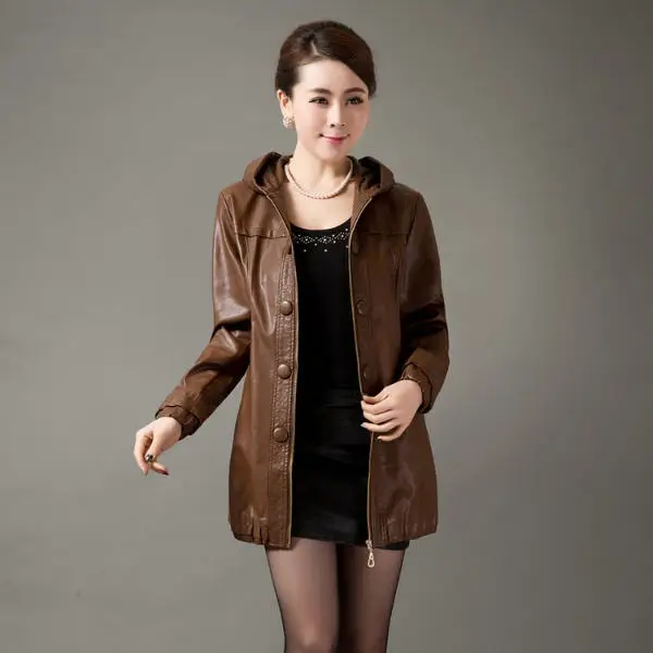 3XL 4XL 5XL размера плюс кожаное пальто для женщин осень зима с капюшоном PU куртки и пальто женская повседневная черная кожаная верхняя одежда A1512 - Цвет: coffee regular