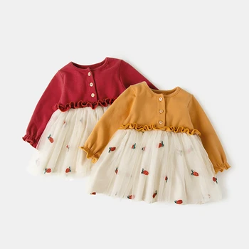 

2018 new fashion Baby Girls Long-Sleeved Dress Fashion Newborn cute Clothing Long sleeve stitching Fruit gauze