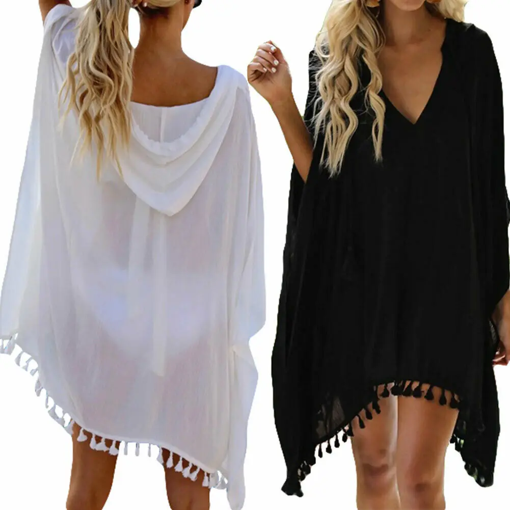 

Hot 2019 Women Summer Elegant Irregular V-Neck Chiffon Tunic Solid Bathing Suits Summer Mini Dress Loose Solid Pareo Cover Ups