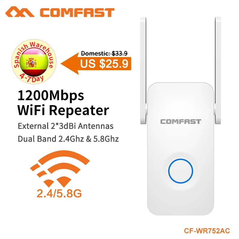 COMFAST 1200Mbps WiFi Repeater Dual Band WiFi Signal Amplifier Wireless Router Long WiFi Range Extender Router CF-WR752AC-V2 COMFAST 1200Mbps WiFi Repeater Dual Band WiFi Signal Amplifier Wireless Router Long WiFi Range Extender Router CF-WR752AC-V2