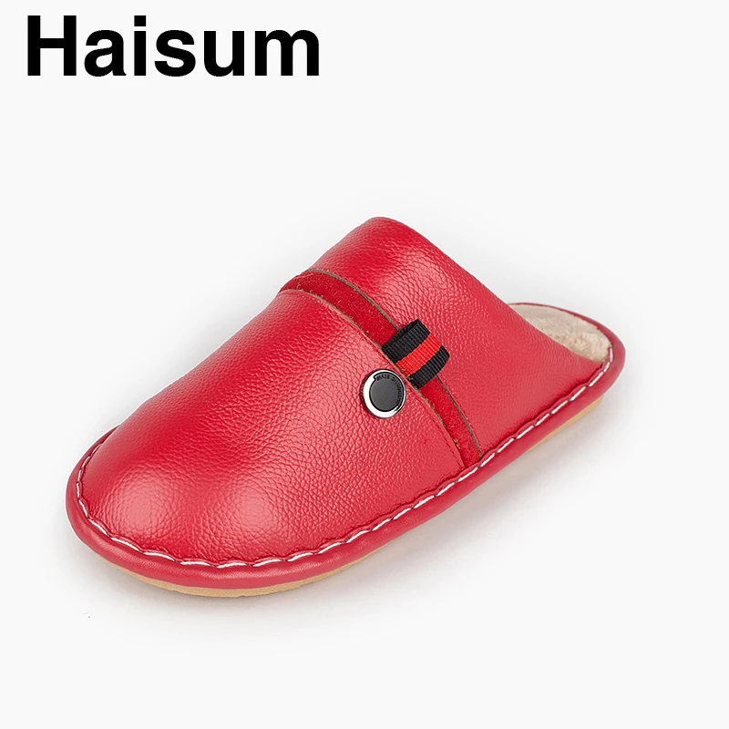 

Ladies Slippers Winter genuine Leather Thick With Plush Home Indoor Non-slip Thermal Slippers 2018 New Hot Sale Haisum Tb012