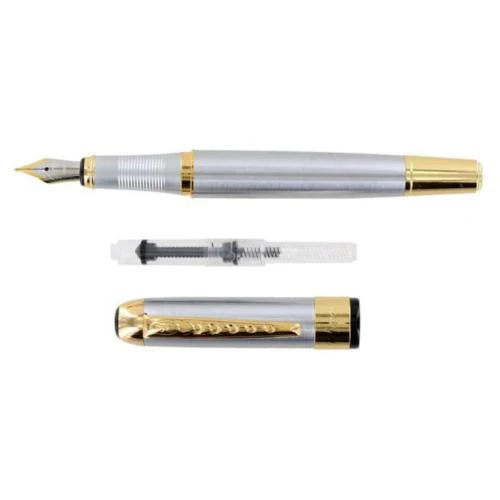 

5pack Stainless Steel Gold Trim Fountain Pen + 10Pcs Black Ink Refills Set