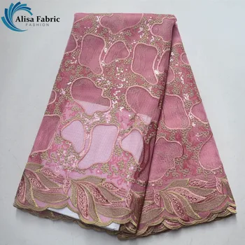 

Lovely Pink African Embroidery Lace Fabric With Sequins 5 Yards/Piece African Organza Lace Fabric With High Quality For Wedding