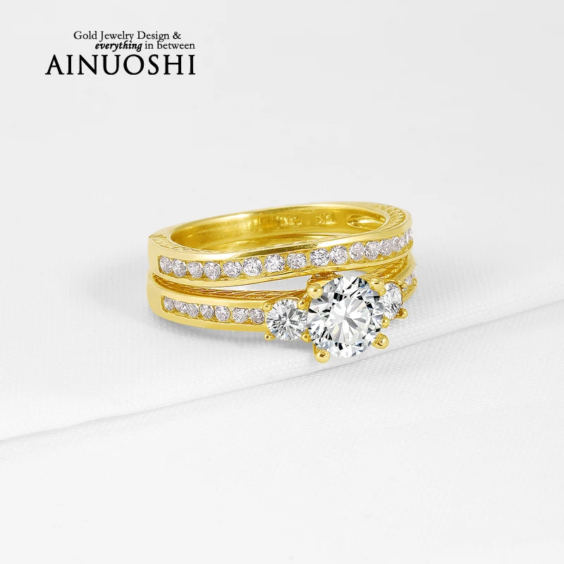 Genuine 10K Yellow Gold Rings Round Cut Sona Simulated Diamond Ring Sets Wedding Engagement Rings for Women Fine Jewelry Gift