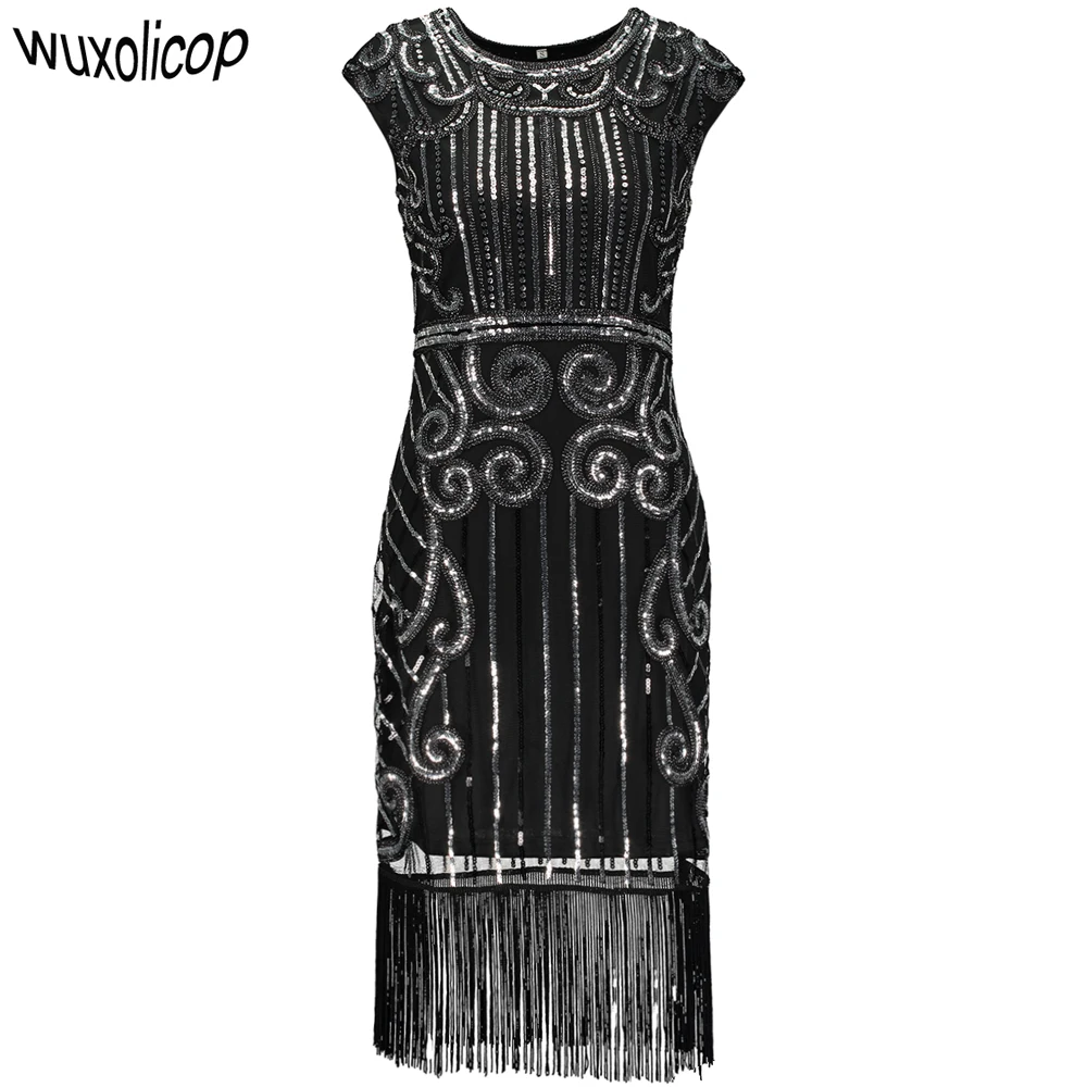 

1920s Vintage Inspired Sequin Embellished Fringe Long Gatsby Flapper Dress O-Neck Cap Sleeve Geometric Fancy 20s Party Dress