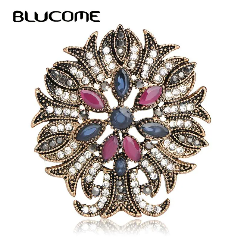 

Blucome New Beautiful Flower Resin Women Brooches Crown Hairpins Vintage Brooch Pin Scarf Buckles Wedding Turkish Party Jewelry