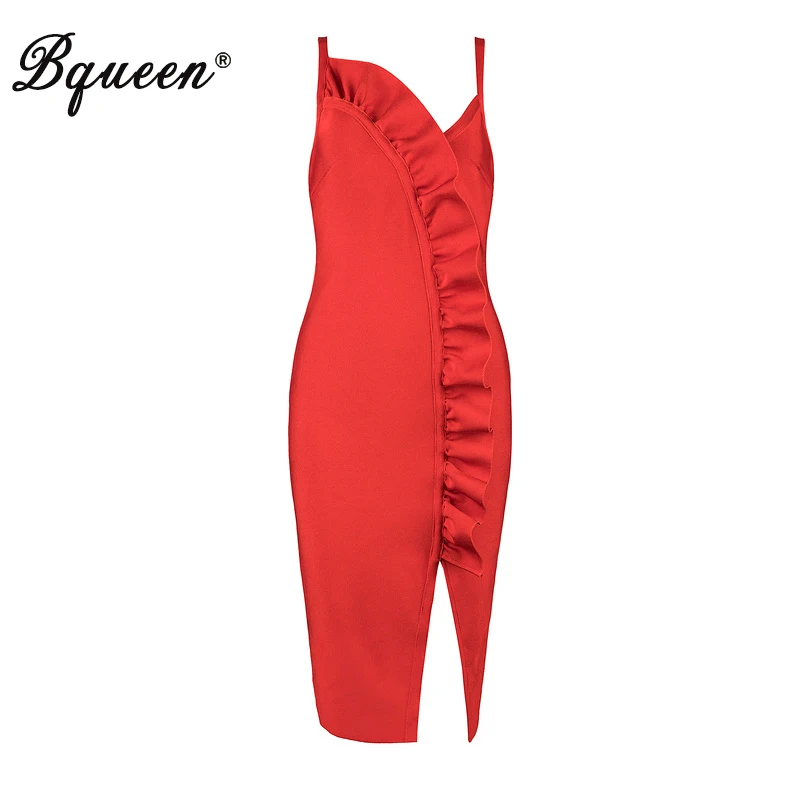 

Bqueen Sexy Deep V Spaghetti Strap Women Bandage Party Dress Fashion Ruffles Backless Knee Length Split Autumn Dress Vestidos
