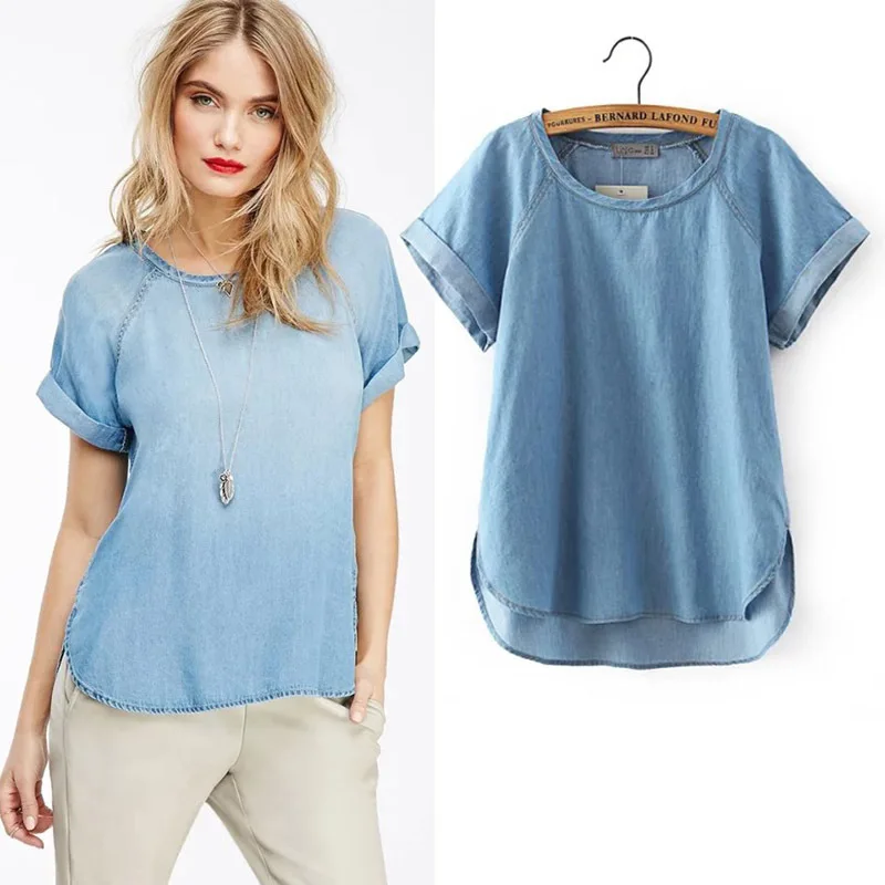 Fashion women's Tees round neck short sleeve solid color casual slim denim T shirt tops W3 8082