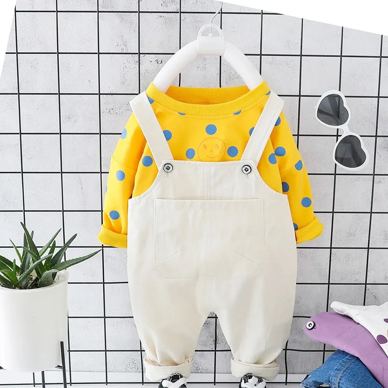 Повседневный осенний комплект детской одежды для маленьких девочек, футболка в горошек с длинными рукавами Топы+ Длинные Комбинезоны, штаны 2 предмета, для младенцев, S9405 - Цвет: Yellow