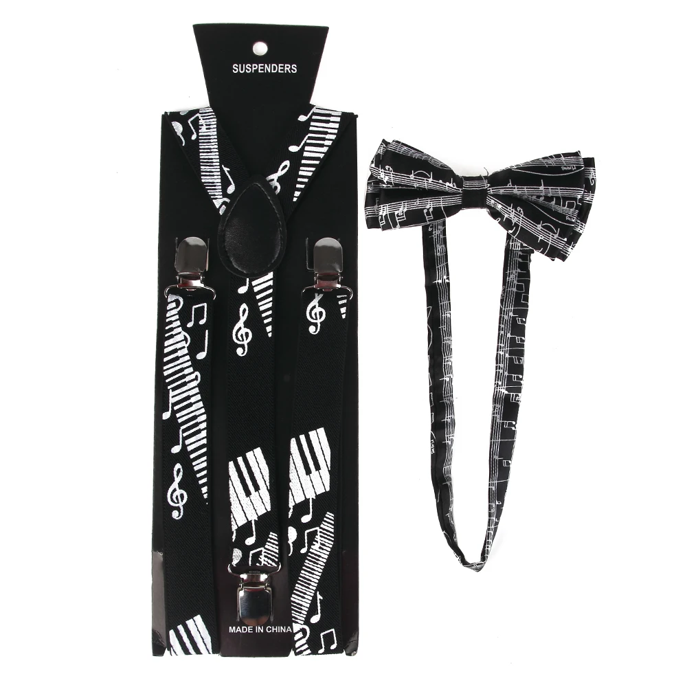 

Fashion Black White 2.5cm Wide Music Note Print Suspenders Bowtie Brace For Women Men Suspenders Braces Bow Tie