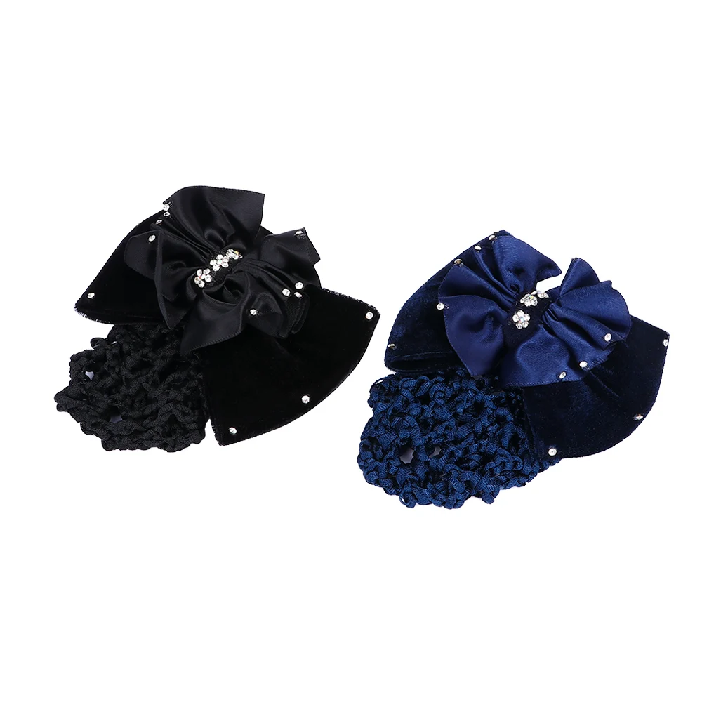

Women Pro Satin Bow Rhinestone Barrette Hair Clip Cover Bowknot Net Bun Snood Hairnet Hair Accessories