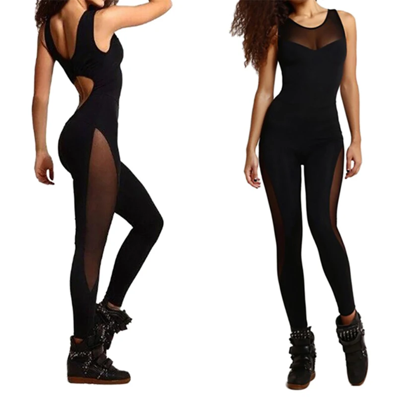 Sexy Super Stretchy Fitness Jumpsuit Women Mesh Hollow out Workout Playsuit High Energy Seamless Tummy Control Skinny Trousers