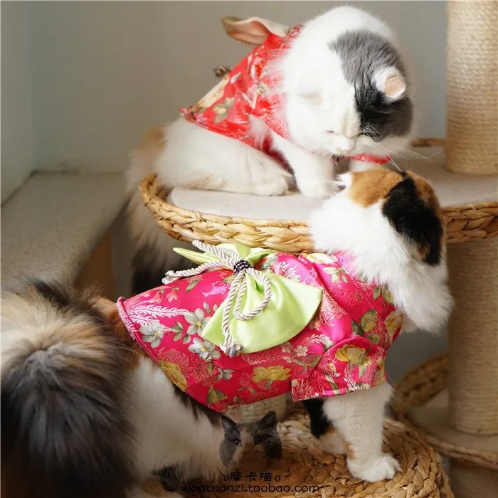 Цветочное японское платье для щенка, роскошное кимоно для собак и кошек, винтажное платье принцессы с большим бантом, свадебный костюм