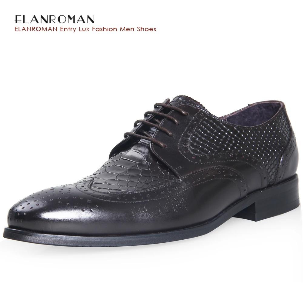 ELANROMAN men luxury leather shoes Men Snakeskin Brogue Shoes Men Wedding Oxford Business Dress Shoes brown flats