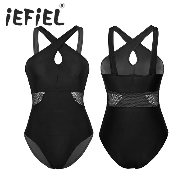 

Women Adult Front Cross Neck Fishnet Splice Waist High Cut Leotard Tracksuit Gymnastics Bodysuit Ballet Performance Dancewear