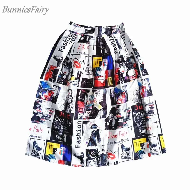 

BunniesFairy 2019 Autumn 50s 60s Vintage Retro Fashion Lady Newspaper Posters Letters Print High Waist Pleated Flare Midi Skirt