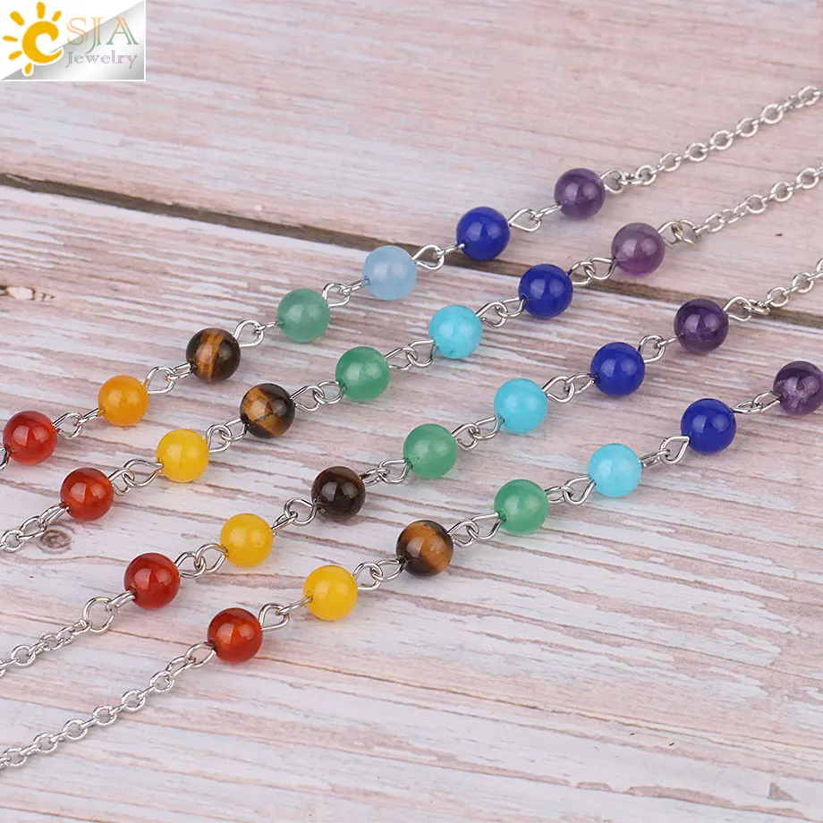 CSJA New Arrival 7 Chakra Wishing Bottle Pendulum Reiki Natural Chip Stone Pendant Necklace for Women Men Divination Amulet F976
