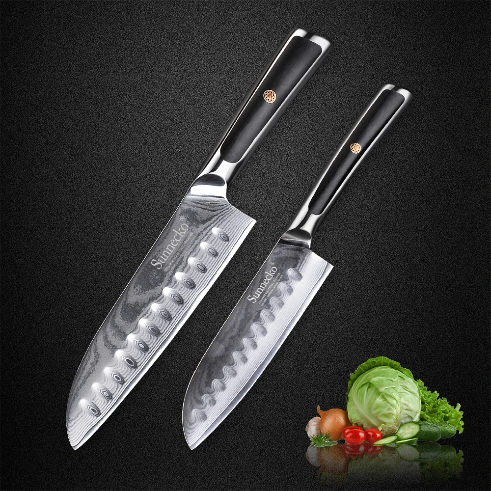 

SUNNECKO 2PCS Kitchen Knives Set Japanese Damascus VG10 Steel Razor Sharp Blade G10 Handle Santoku Utility Meat Cutting Tools