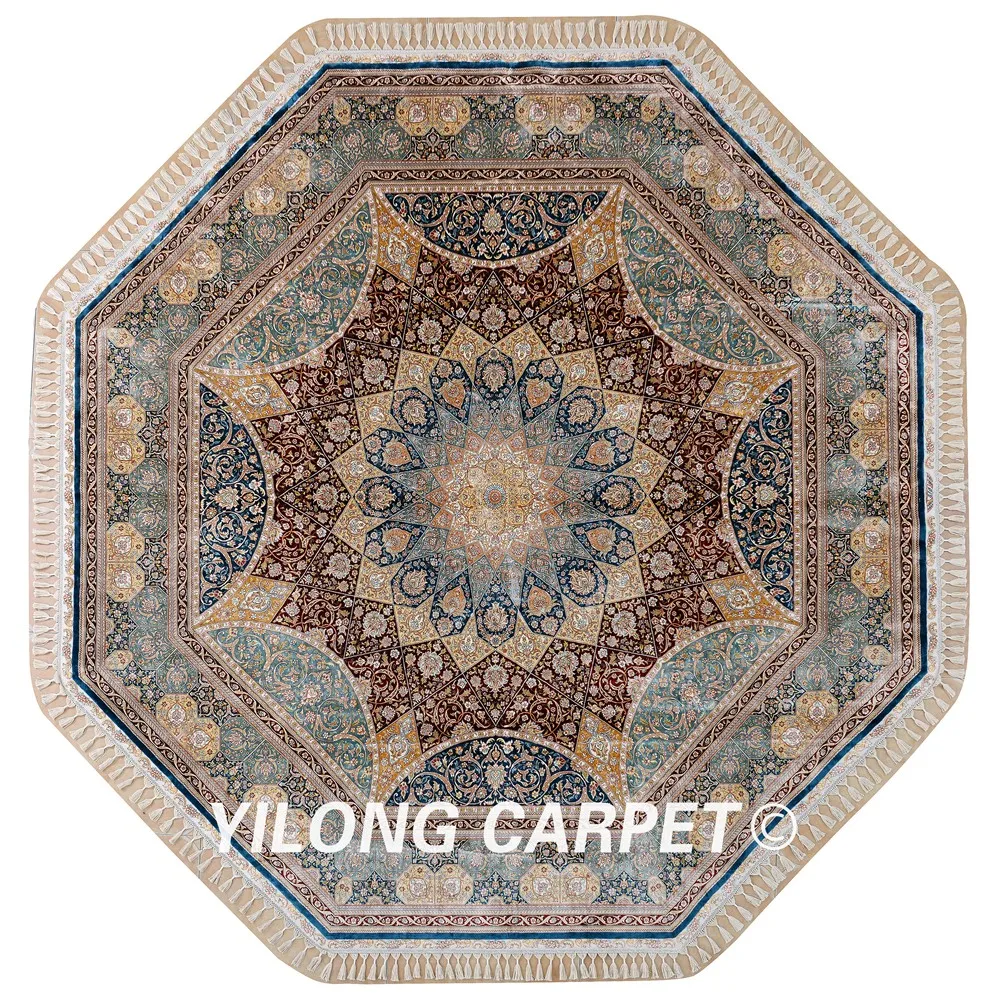 Yilong 9'x9' Turkish silk carpet round handmade exquisite oriental