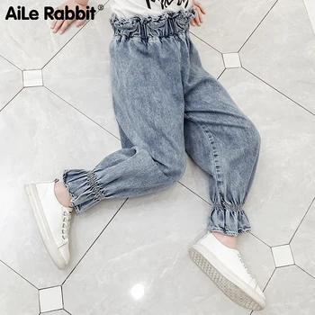 

AiLe Rabbit 2019 Girls spring buds jeans trousers brim of cowboy wide-legged pants Han Fan pupil loose hypertrophy jeans