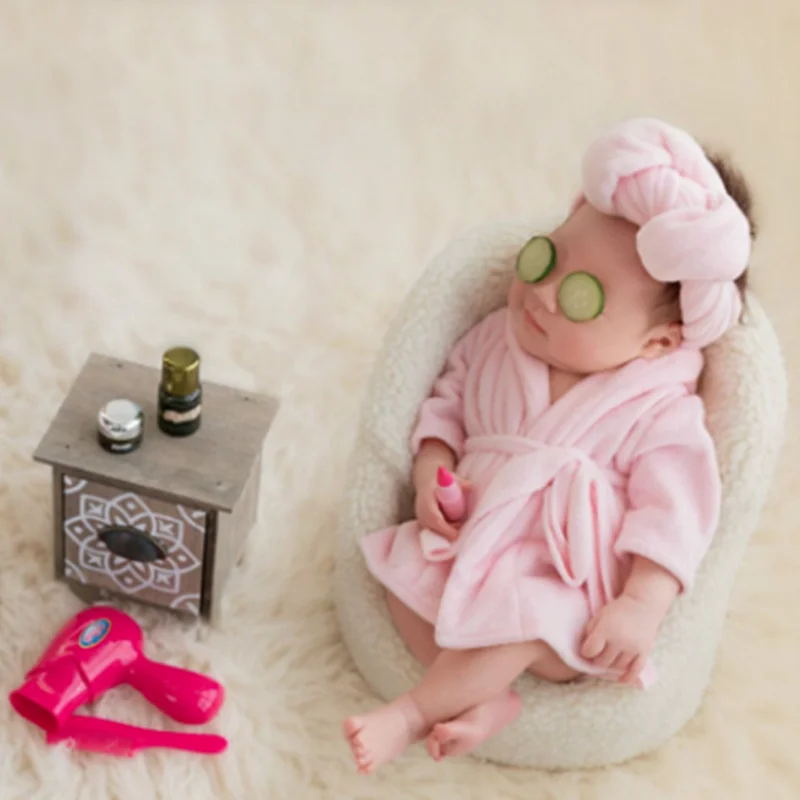 Newborn Photography Props Infant Bathrobe Backdrop Basket Stuffer Cotton Yellow Duck Toy Decoration Accessories - Цвет: Pink bathrobe