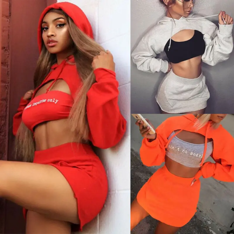 

US Fashion Women 2 Piece Bodycon Skirt Set Casual Clubwear Party Crop Top Dress