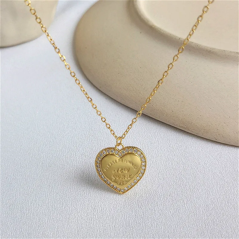 

Fengxiaoling S925 Sterling Silver Pendant Necklace For Women Fine Jewelry Golden Heart Multiple Zircons Statement Necklace