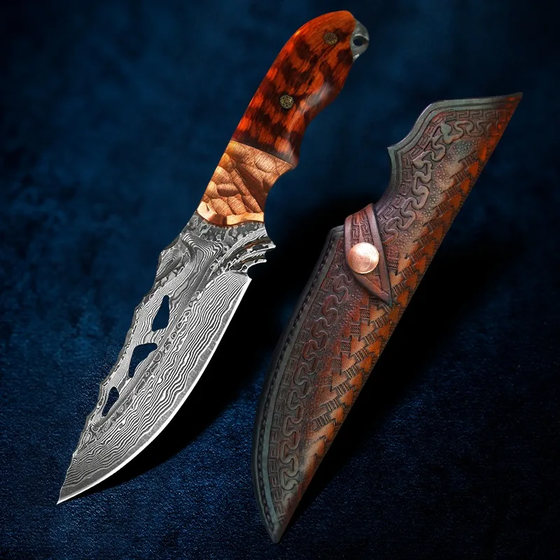 TUREN-Full Tang Дамасская сталь нож с фиксированным лезвием для охоты на открытом воздухе Инструменты тактические ножи резные кожаные оболочка 59-60HRC коллекция - Цвет: Carved Leath Sheath