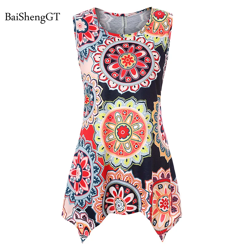 Summer Women T shirt Tops Boho Floral Casual Ethnic style Sleeveless Ladies Sexy Irregular Tee