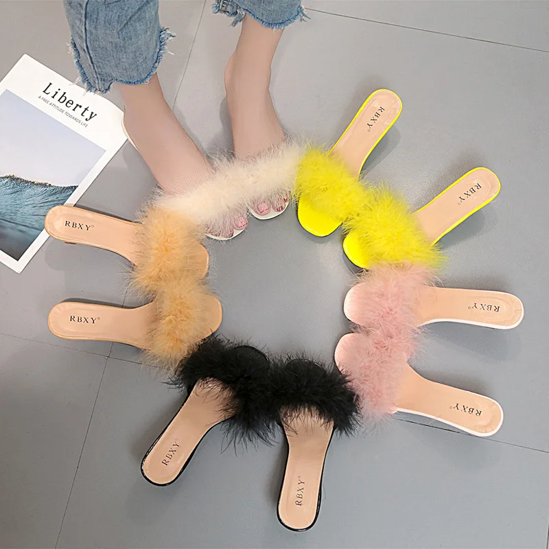 

Open Toe Outside Fashion Sweet Elegant Slides Women Low Thin Heels Faux Fur Solid Slippers Slip-On Casual Summer Ladies Shoes