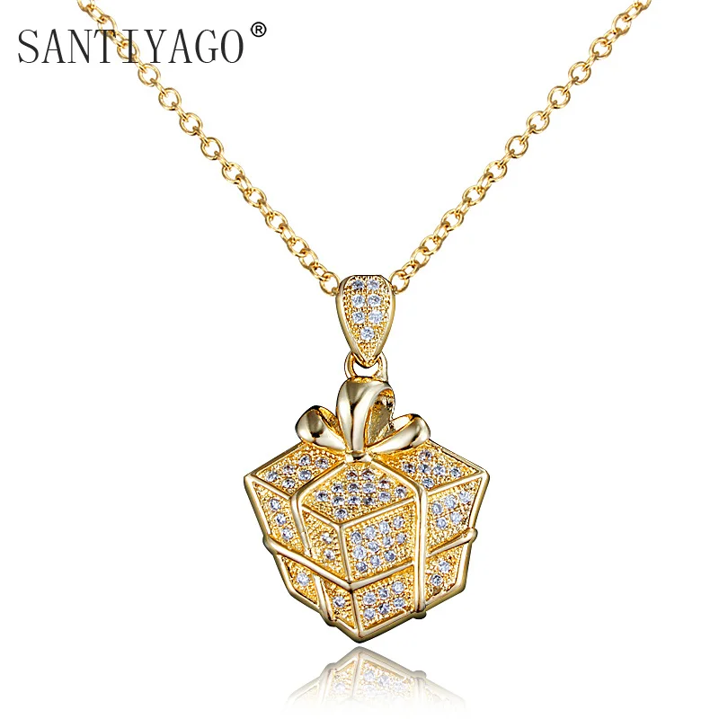 Christmas Gift Box Pendant Necklace Gold Plating Gift Jewelry Necklace