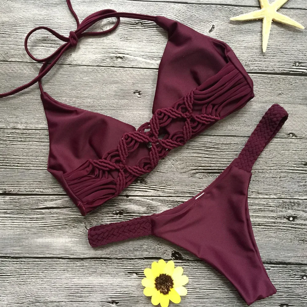 

Women Sexy Two Piece Swimsuit Fashion Red Skinny Low Waist Push-Up Padded Bra Beach Halter Bikini Set Solid Swimsuit Swimwear