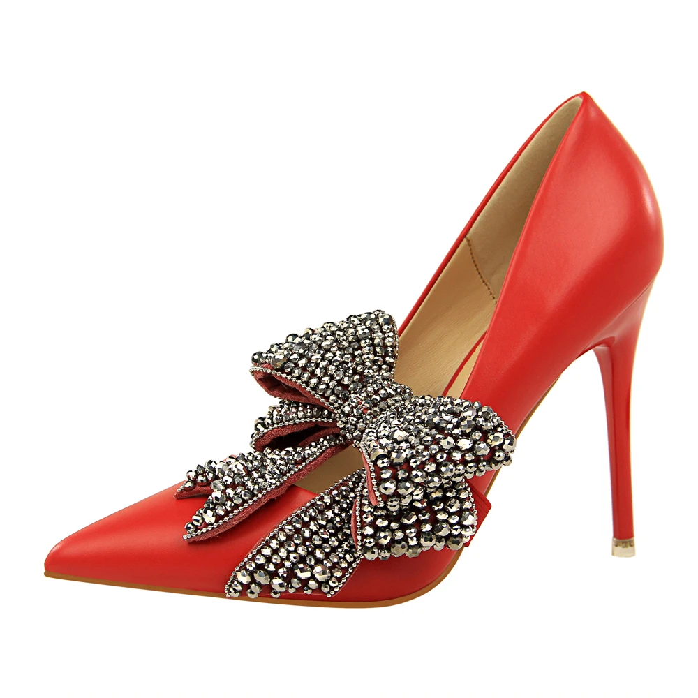 

Women High Heels Pumps Rhinestone Bowknot Pointed Toe Women Pumps Ladies Elegance Office Shoes Thin High Heel Plus Size 34-40