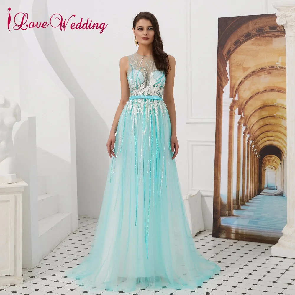 ILoveWedding Abendkleider 2019 трапециевидной формы платье без рукавов Сексуальная Иллюзия Назад бисером vestido de festa Синий Вечерние платья