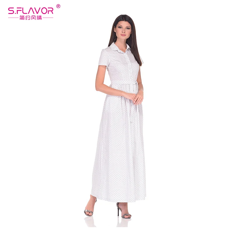 S. FLAVOR женское весеннее платье белого цвета с отложным воротником Модное Длинное платье в горошек с коротким рукавом женское облегающее платье Vestidos De - Цвет: white