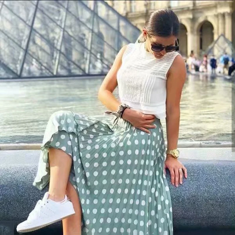 

Emerald Green Pleated Skirts 2019 Women Spring-Autumn Casual Polka Point Print Skirt Ladies Elegant High Waist Soft Linen Skirt