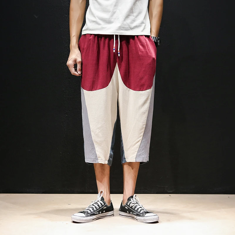 

Trend Linen Men's Pants Hit Color Patchwork Calf-Length Pants Elastic Waist Large Size Calf-Length Pants