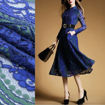 

Imported high-grade lace embroidery cloth blue with green decorative heavy three-dimensional elastic keel fabric new dress fashi