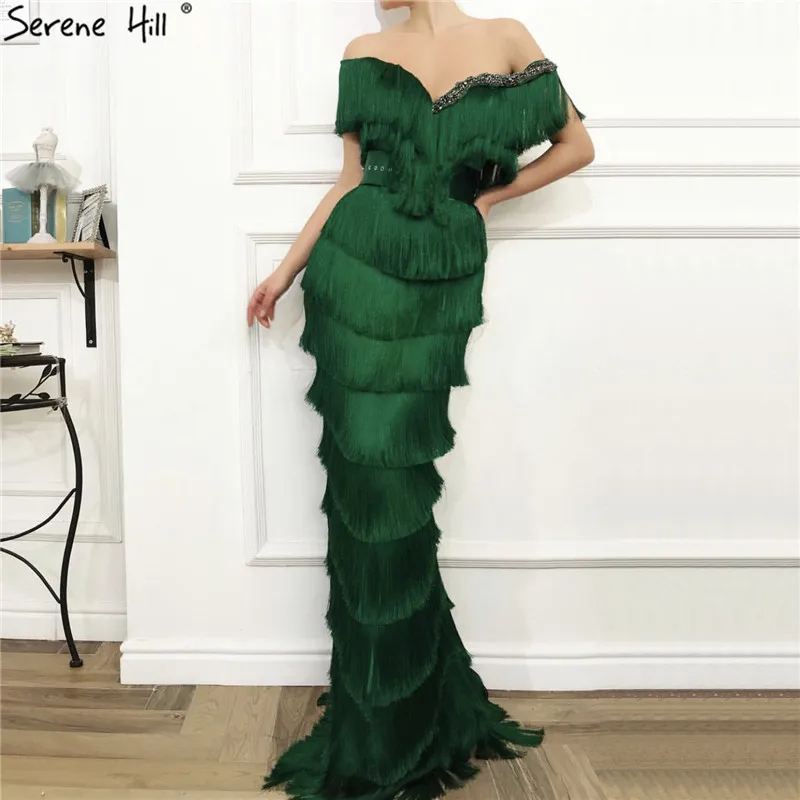 

Green Off Shoulder Sexy Mermaid Prom Dresses 2019 Short Sleeves Tassel Tiered Prom Gowns Serene Hill BLA70024