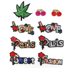 1Pc LOVE PARIS Cheery Sequins Iron On Patches Sew on Embroidered Patch Motif Applique For Clothing Sewing Tools