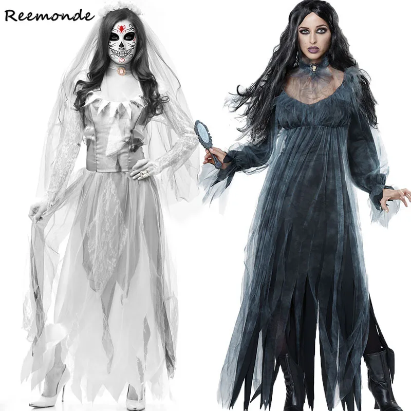 Взрослый вампир Ведьма призрак невесты Косплей костюмы черный белый страшные демоны платья ожерелья для женщин девушка Хэллоуин Одежда