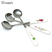 5 teile/satz Koreanischen stil edelstahl keramik griff kaffee/tee/dessert/suppe löffel lang schöpfen exquisite blume muster besteck