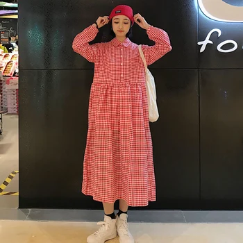 

2 colors spring 2019 korean chic style sweet preppy style Women long dress Casual plaid long sleeve shirt dress womens (C6310)