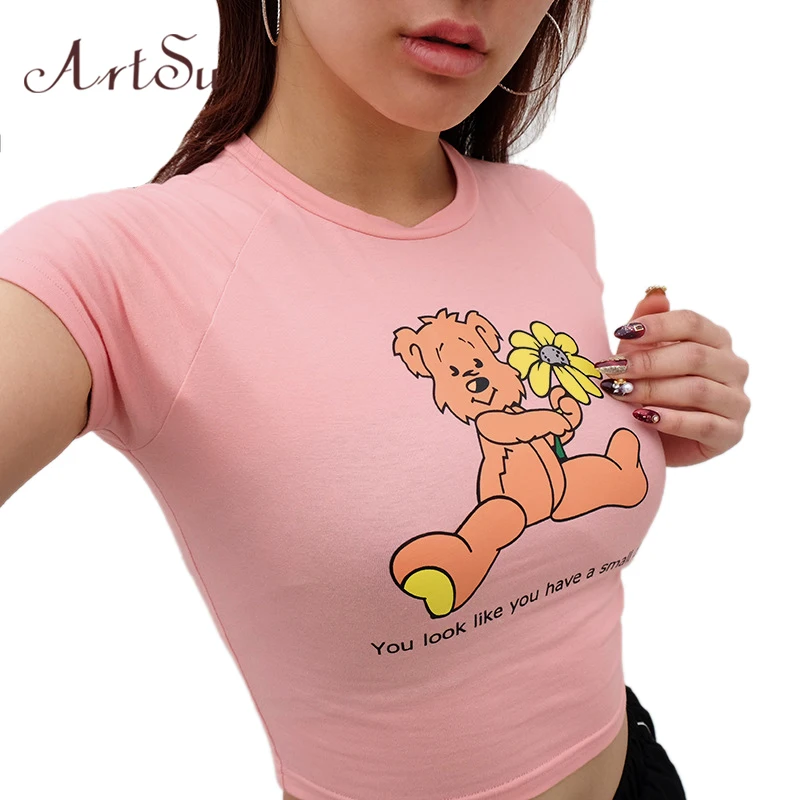 ArtSu Kawaii Cartoon Pink Top Short Sleeve Crop Top Summer Casual Cute Women T shirt Tee Shirt Femm