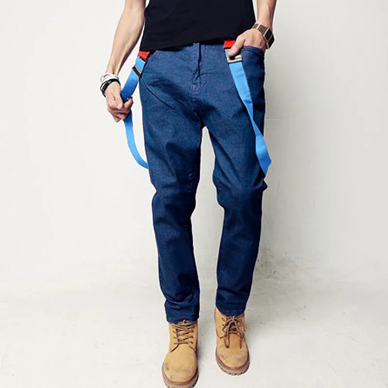 New Bib pants Mens Skinny Jean Overalls Blue Suspenders Multi pocket