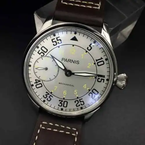 

44mm parnis White Dial Yellow Number ST3600 hand winding 6497 mechanical mens watch