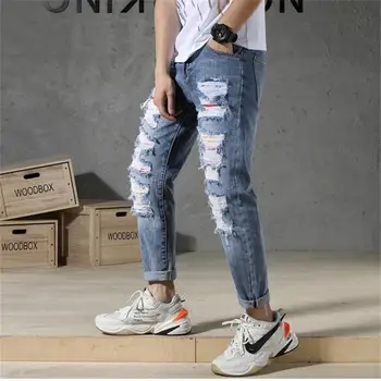 

New Men Jeans Fashion Classic Patches ripped jeans for men High Quality European and American style Men Jeans Pants #TC047
