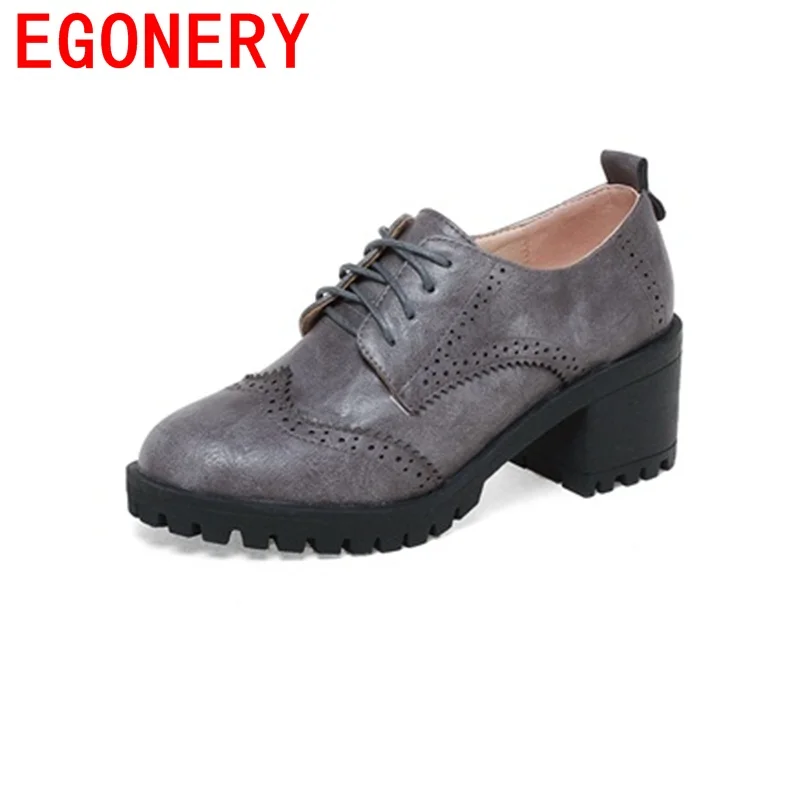 

EGONERY large size retro ethnic skid resistance round toe pumps high heels lace-up on formal occasions all-match style shoes