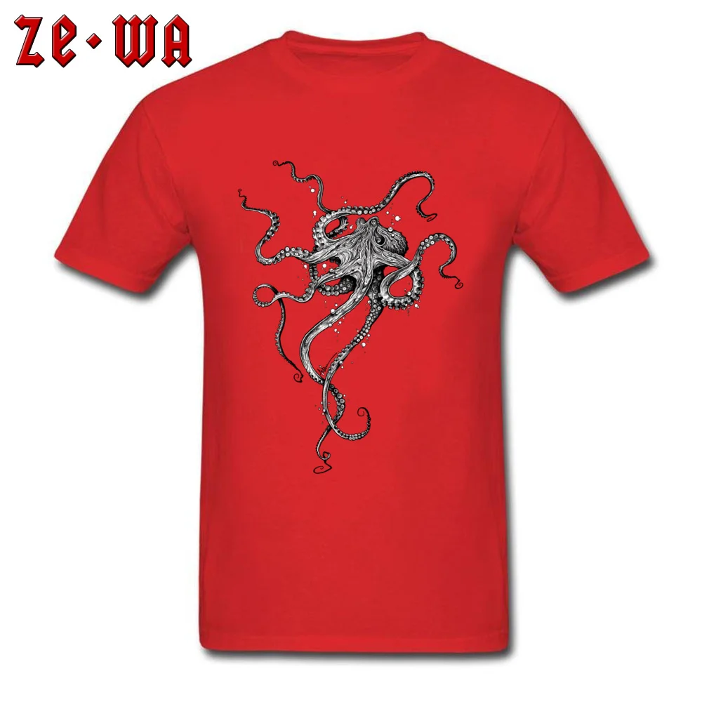 Round Collar Octopus 100% Cotton Male Top T-shirts Normal Short Sleeve Tops T Shirt Rife Printed T-shirts Top Quality Octopus red