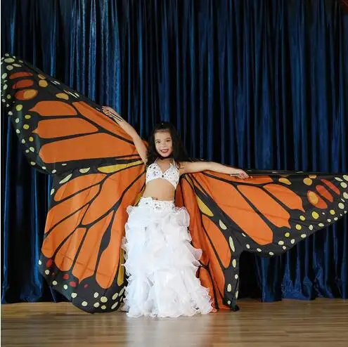 Женская танцевальная одежда для выступлений, реквизит для сцены, накидка из полиэстера, накидка для танцев, крылья феи, крылья бабочки для танца живота(с палочками - Цвет: Orange for children